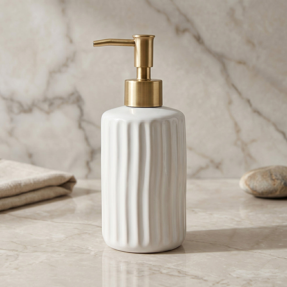 White Ceramic Soap Dispenser with Gold Pump