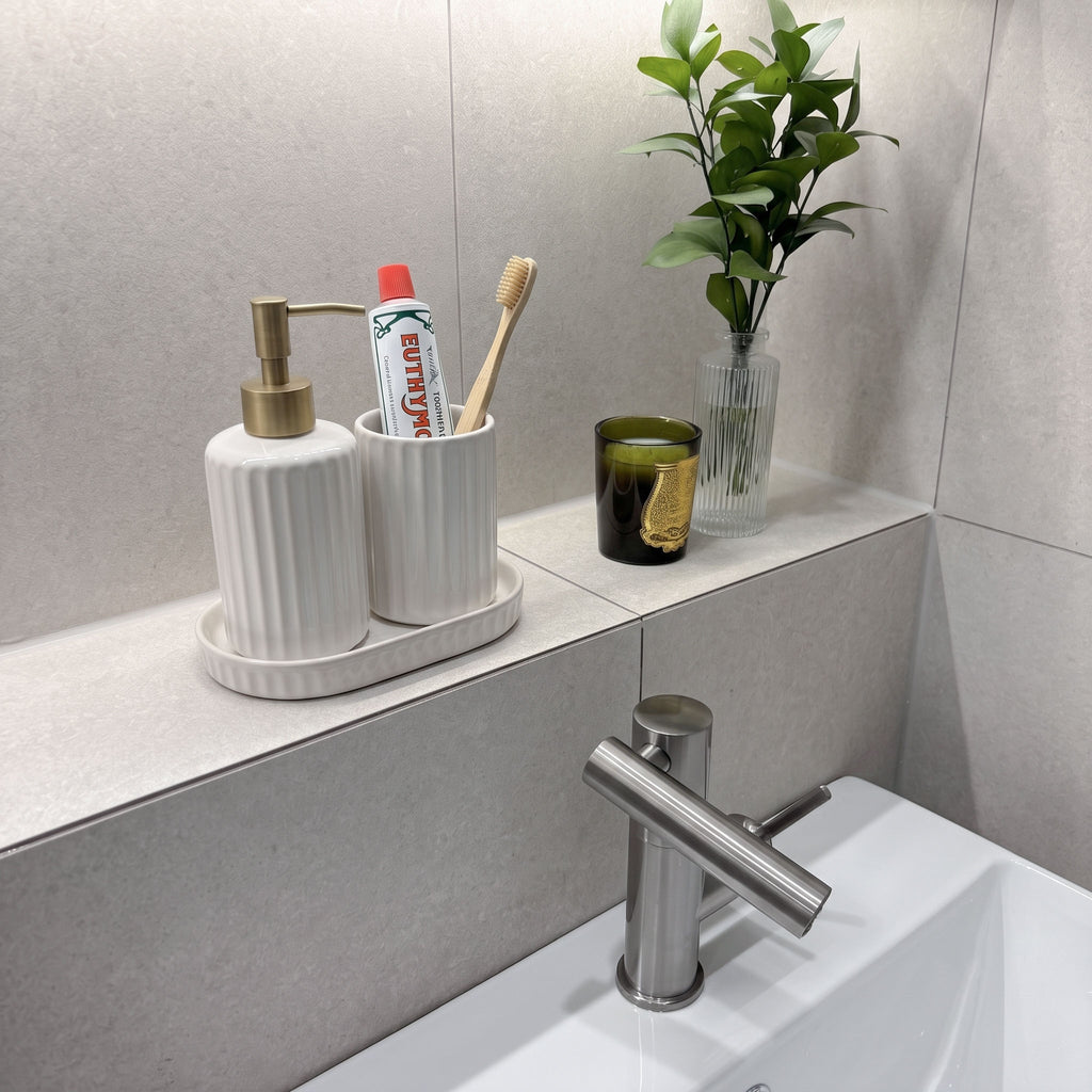 White Ceramic Soap Dispenser with Gold Pump