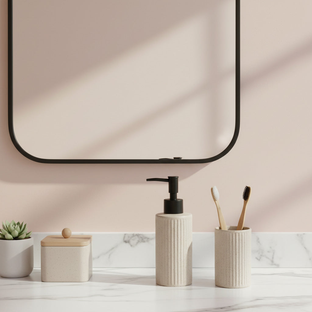 Small Beige Speckled Ceramic Soap Dispenser with Matte Black Pump