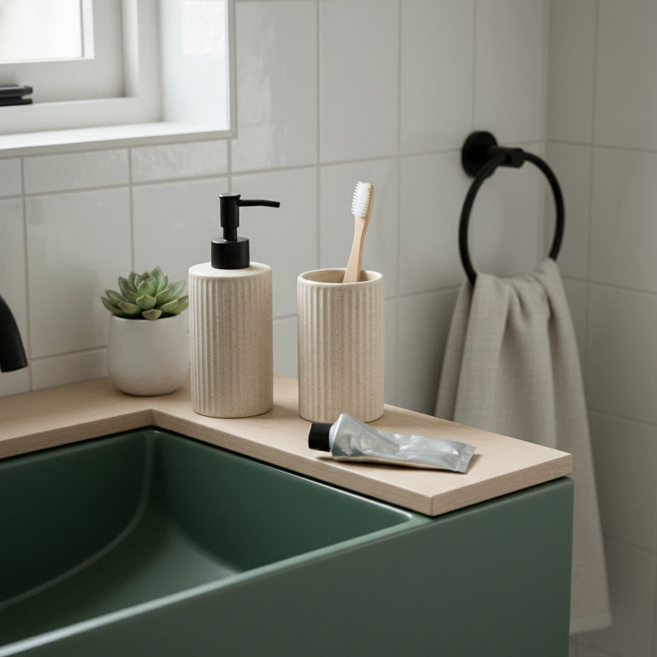 Small Beige Speckled Ceramic Soap Dispenser with Matte Black Pump