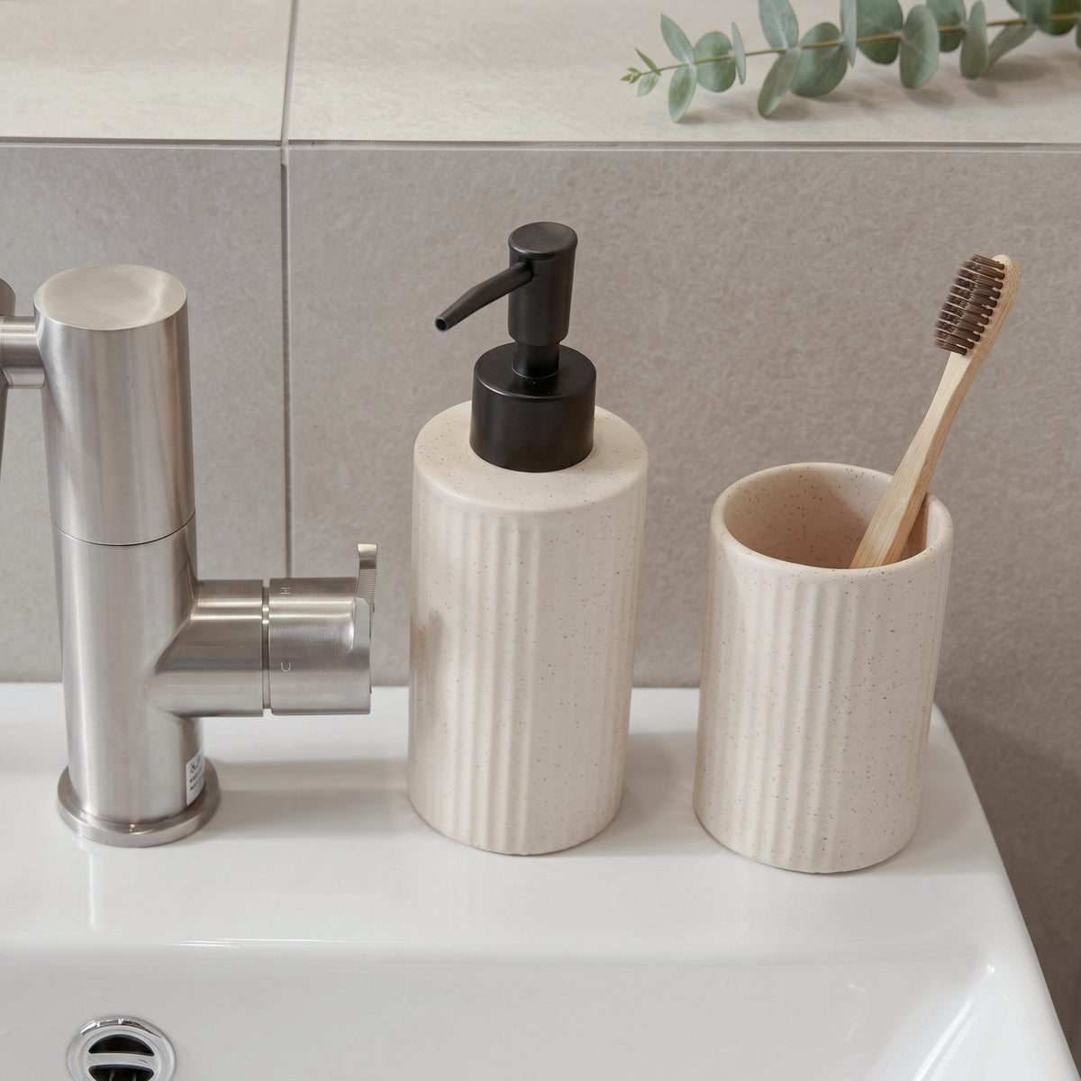 Small Beige Speckled Ceramic Toothbrush Holder