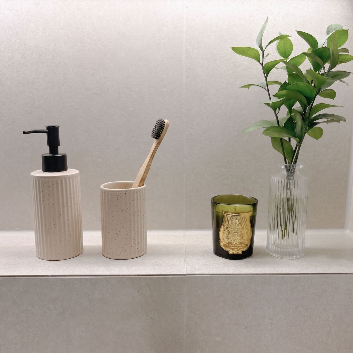 Small Beige Speckled Ceramic Soap Dispenser with Matte Black Pump