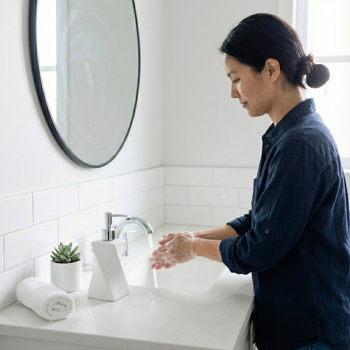 Modern White Soap Dispenser with Silver Pump