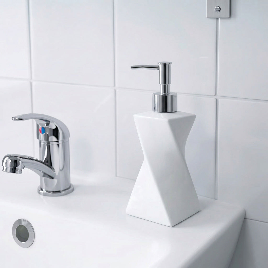 Modern White Soap Dispenser with Silver Pump