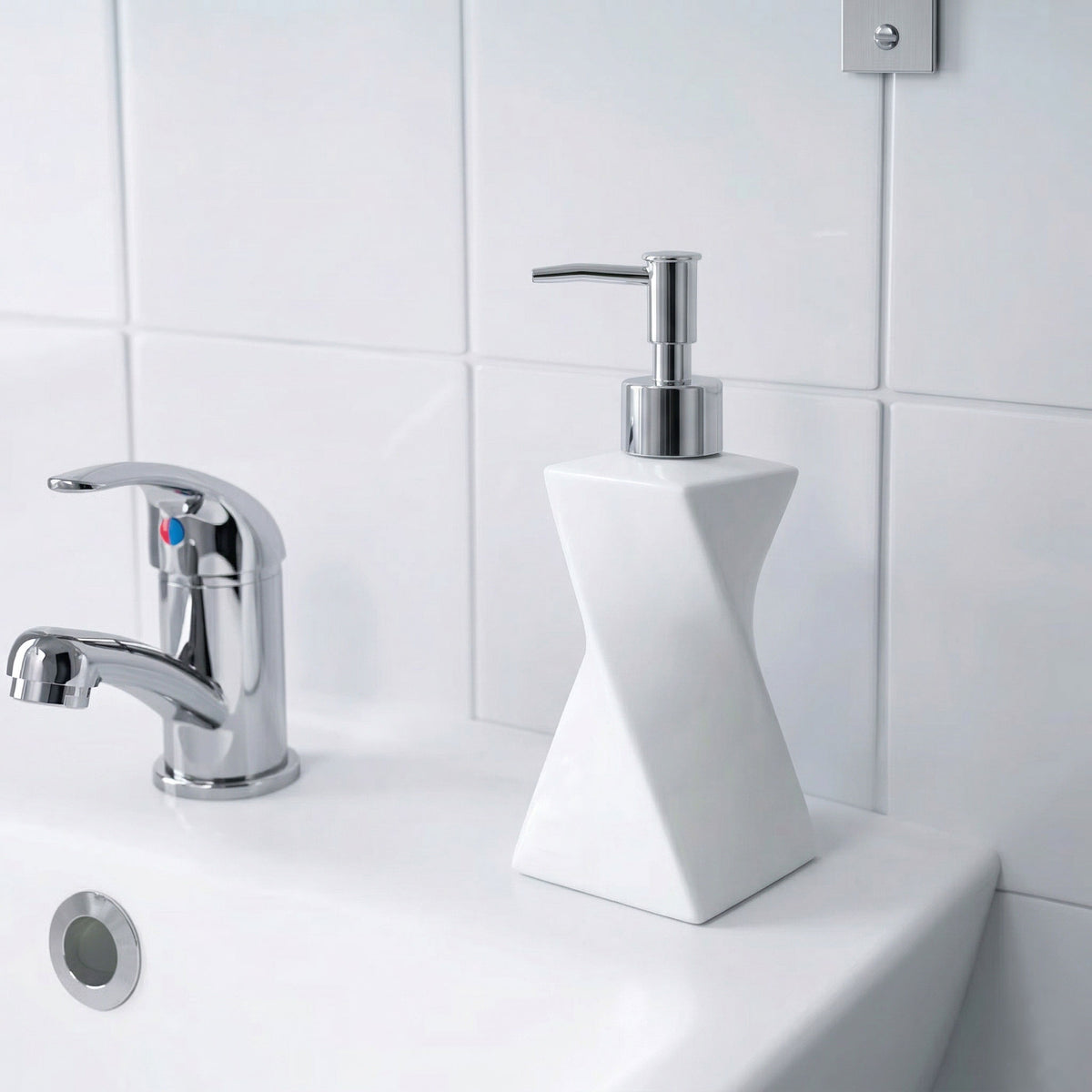 Modern White Soap Dispenser with Silver Pump