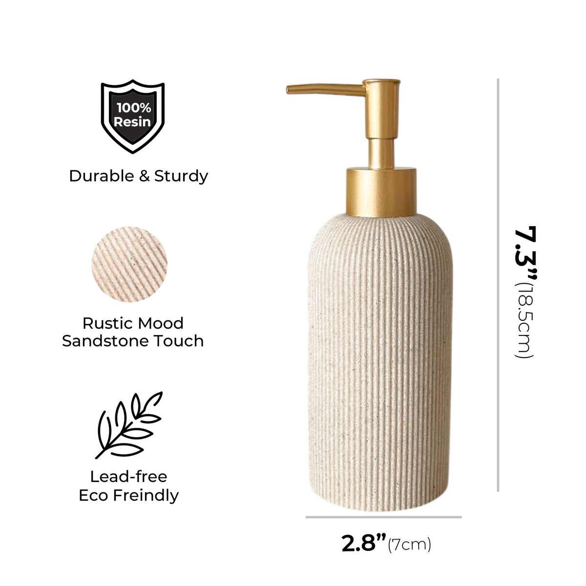 A ribbed beige resin pump bottle with a gold pump dispenser, shown on a white background with text callouts about durability, rustic sandstone touch, lead-free eco-friendly, and dimensions. (2.8" X 7.3")