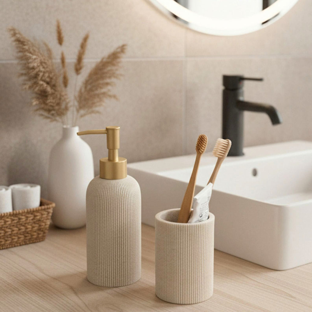 Organic modern bathroom setting with a beige soap dispenser, toothbrush holder, and toothbrushes on a wooden surface.