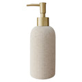 A ribbed ceramic soap dispenser bottle in a warm cream-beige color, featuring a brushed gold pump dispenser on a solid white background.