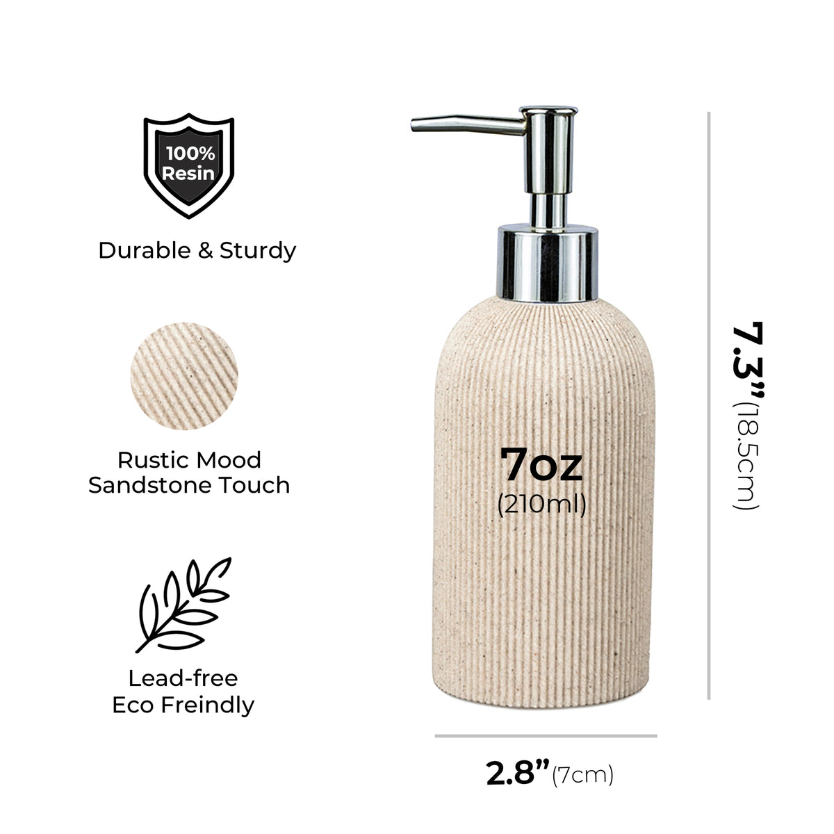 A 7oz resin pump bottle with a ribbed sandstone-textured beige body and a chrome pump dispenser, shown on a white background with size annotations and feature callouts.