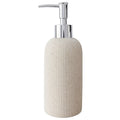 A ribbed ceramic soap dispenser bottle in a warm cream-beige color, featuring a silver pump dispenser on a solid white background.